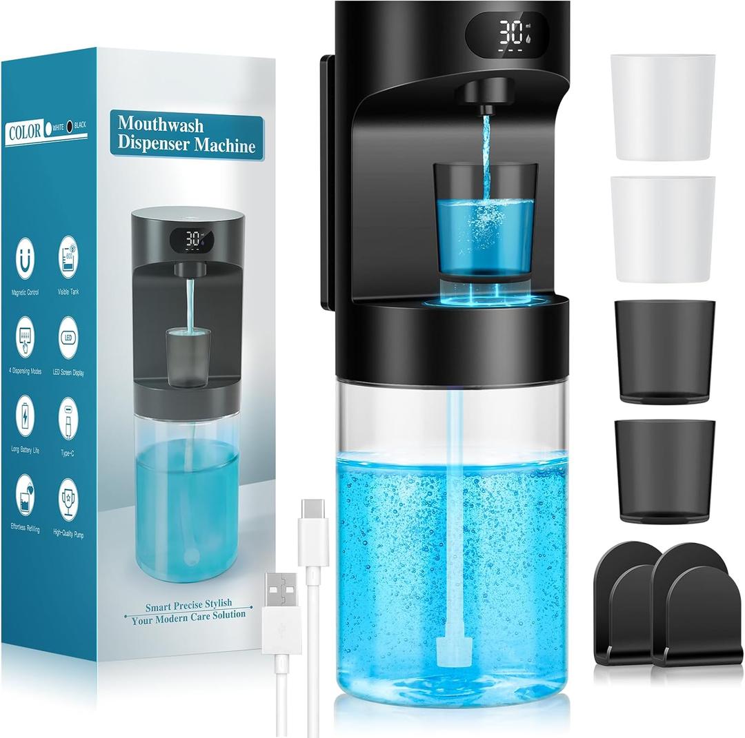 Automatic Mouthwash Dispenser for Bathroom,20.29 oz Touchless Electric Mouth Wash Dispensers Bathroom Accessories Set with 4 Magnetic Cups,4 Modes Wall Mounted Mouth Wash Dispenser for Home & Kids (Black)