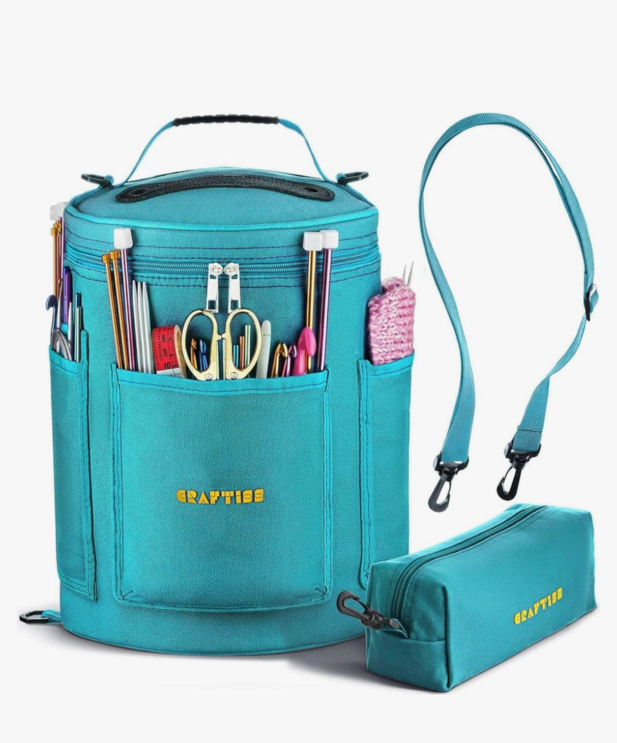 CRAFTISS Knitting Bag Yarn Storage - Valentine's Day Gift - Durable Canvas Yarn Holder for Crochet Accessories - Organizer Crochet Bag with Knitting Accessories Case (Turquoise)