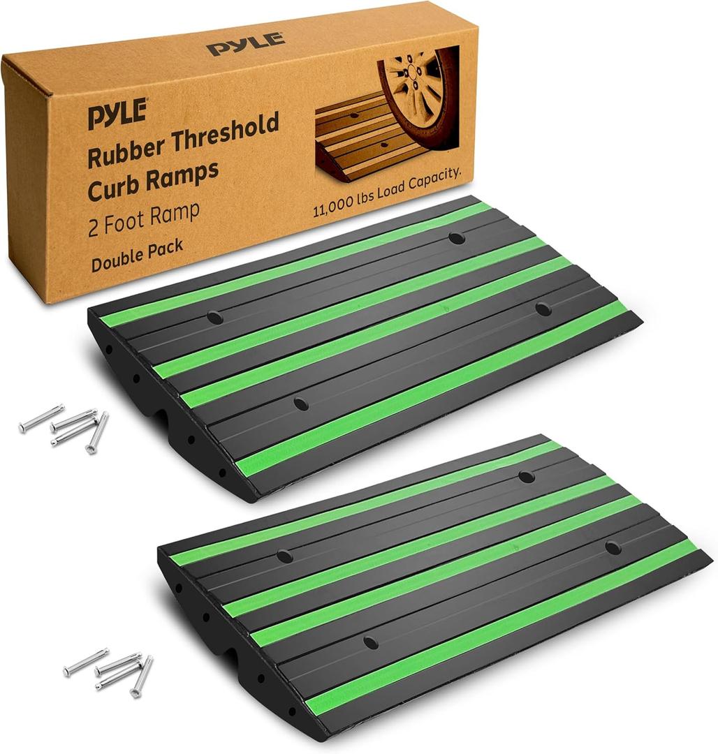 Pyle 2 Ft. Rubber Threshold Curb Ramp Set, Green Reflective Strip for Driveways, Non-Slip Marine Grade Rubber, Pack of 2 Heavy Duty Car Ramps for Trucks, RVs, Forklifts, 24.0x 16.0 x 2.6 Inches