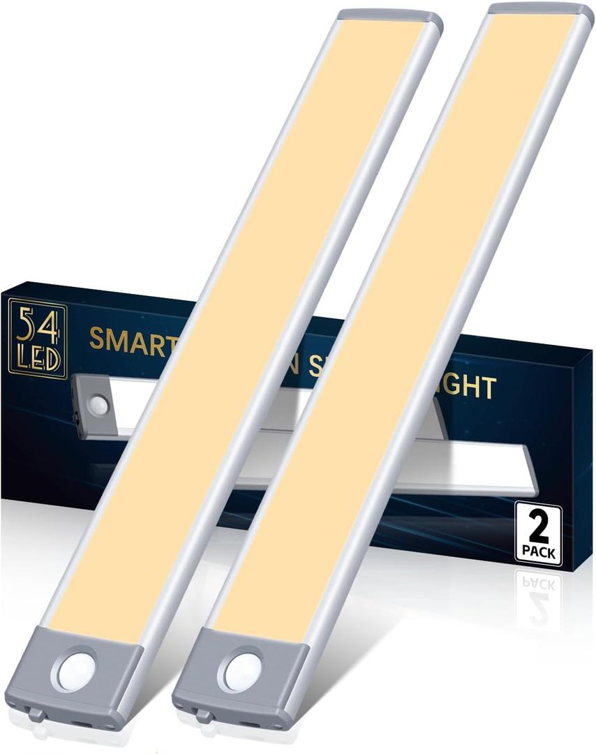 PRIORARE Under Cabinet Lighting 54 LED Motion Sensor Closet Light, 2500mAh Rechargeable Ultra Thin Magnetic Closet Lighting, 350lm Led Wireless Lights for Kitchen, Stairs(Warm White, 2Pack)