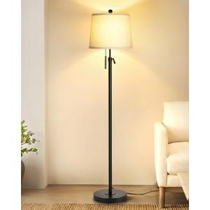 Floor Lamps for Living Room, Black Floor Lamp Adjustable Height Standing Lamp, Dimmable Modern Tall Floor Lamp for Bedroom Office with Beige Linen Shade, 8W 3000K Bulb Included