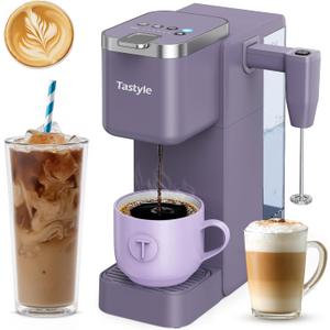 Single Serve Coffee Maker with Built-in Detachable Milk Frother, Iced and Hot Coffee Machine for K Cup & Grounds, 40oz Removable Water Reservoir, 6 Cup Sizes, Fits 7.3" Travel Mug, Purple
