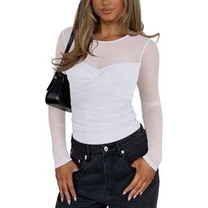 Amazon.com: REORIA Women's Fall Sexy Round Neck Front Twist Knot Long Sleeve Sheer Mesh Slimming Ruched Trendy Going Out Bodysuit Tops For Night Out White Medium : Clothing, Shoes & Jewelry Medium