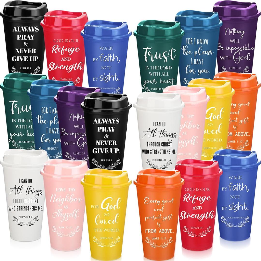 Skylety 20 Pack Christian Gifts for Men Women 16oz Reusable Bible Verse Tumbler Bulk Plastic Coffee Cups with Lids Inspirational Religious Christmas Gifts for Church Party Favor (Multicolor)