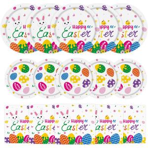 150 Pcs Happy Easter Plates and Napkins - Easte Egg Paper Dinnerware Set, Cute Eastes Rabbit Dinner Dessert Plates Luncheon Napkins Tableware for Easter Activity Party Supplies Table Decor, Serves 50