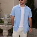 Mens Cotton Linen Short Sleeve Shirts Cuban Camp Button Down Beach Vacation Tops with Pocket (L)