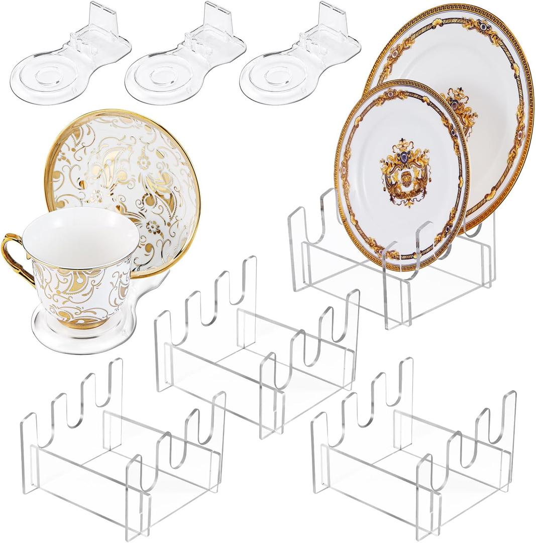 8 Pcs Acrylic Dinnerware Display Stand - 4 Pcs 3 Tiers Acrylic China Plate Display Easel Holder for Cabinet Home Supplies