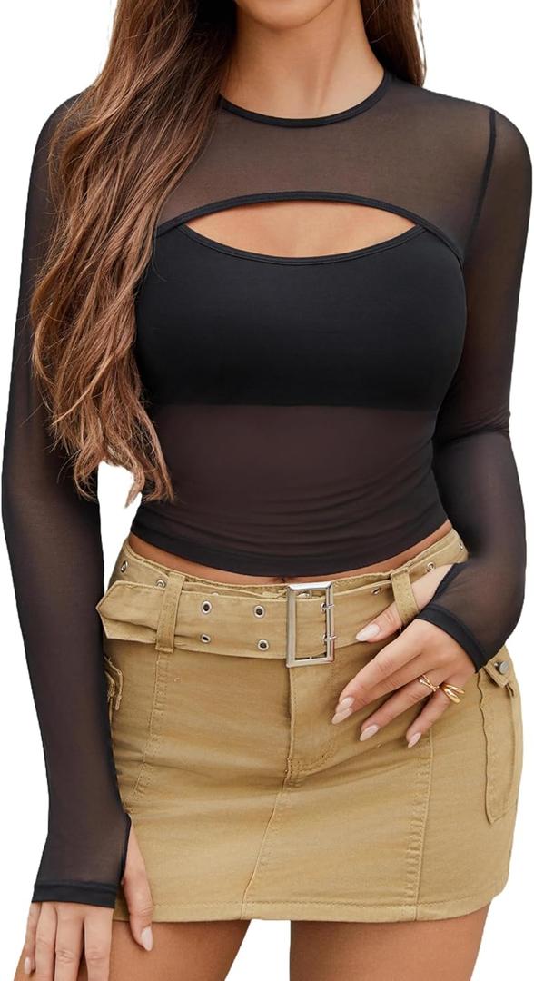 Avidlove Women's Sheer Mesh Long Sleeve Crop Top y2k Sexy Tee Blouse Cutout Clubwear with Thumb Holes (Medium, Black)