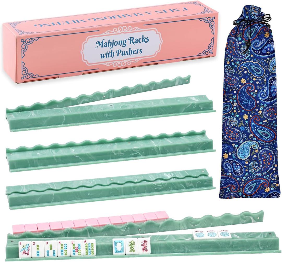 4-Pack Acrylic American Mahjong Racks with Pushers(19.7",Green), American Mahjong Tiles Holders, Scalloped