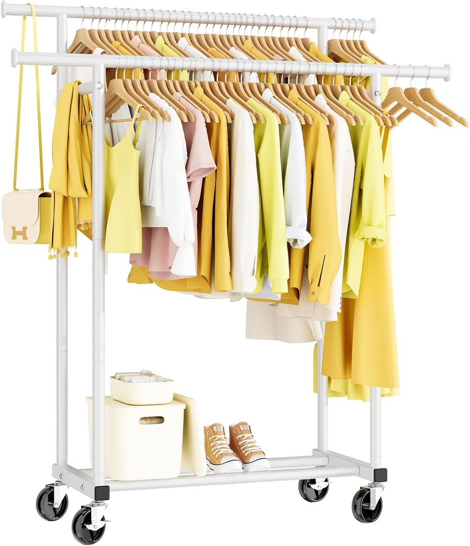 HYSEYY Double Rods Clothes Rack, Rolling Clothing Rack for Hanging Clothes Portable Wardrobe Rack, Metal Garment Rack Sturdy Coat Rack for Bedroom Laundry Living Room, White (16.5"D x 44.3"W x 63"H)