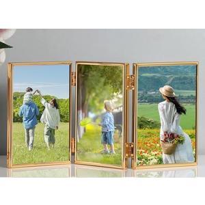 ANAZOZ Metal 6x8 Picture Frame Vertical for Office Desk, Glass 3 Photo Frames Triple Folding, Table Stand, Gold, Office Decor
