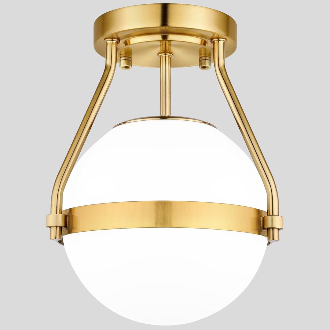 Lakumu Globe Semi Flush Mount Ceiling Light, Mid Century Ceiling Lamp with Milky White Glass Shade, Industrial Brushed Gold Ceiling Light for Living Room Hallway Kitchen Island Dining Room(Bulb Incl.)