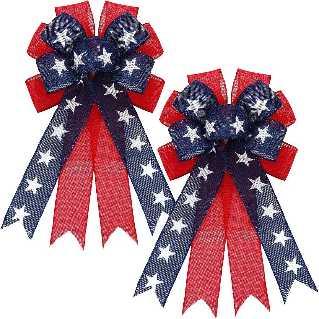 Cindeer 2 Pieces Patriotic Wreath Bow Independence Day Red White and Blue Star Burlap Topper Bows Large Independence Day Decorative Topper Bow Star Burlap Large Bows for 4th of July Party