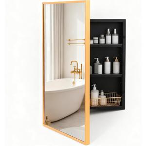 Brushed Gold Metal Medicine Cabinet Right-Angled Rectangle-Design,Bathroom Mirror with Storage, Recessed or Surface Mounted, 2 Adjustable Metal Shelves (Brushed Gold, 16x24)