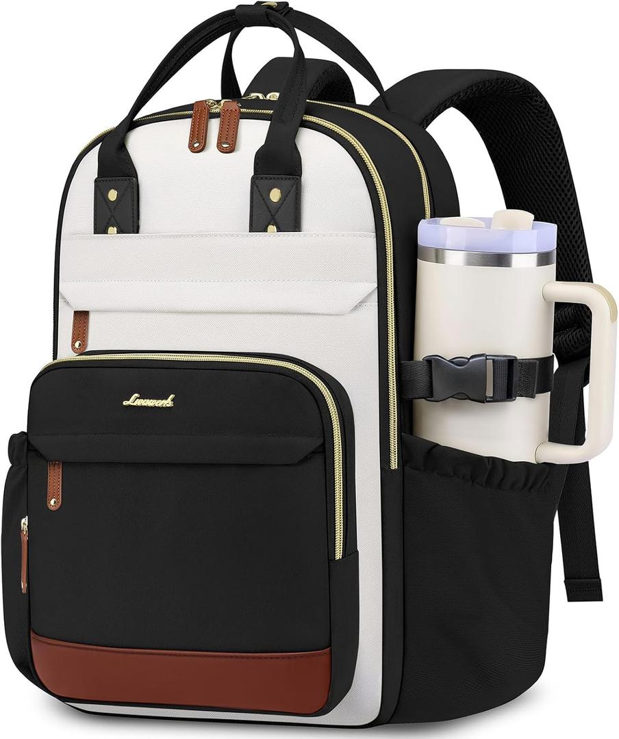 Laptop Backpack for Women Bag: 15.6 inch Backpacks with Pouch Pocket for Large Capacity Cup Travel Waterproof Bookbag Anti-theft College Casual Work Book Bags for Teacher Nurse Black Beige