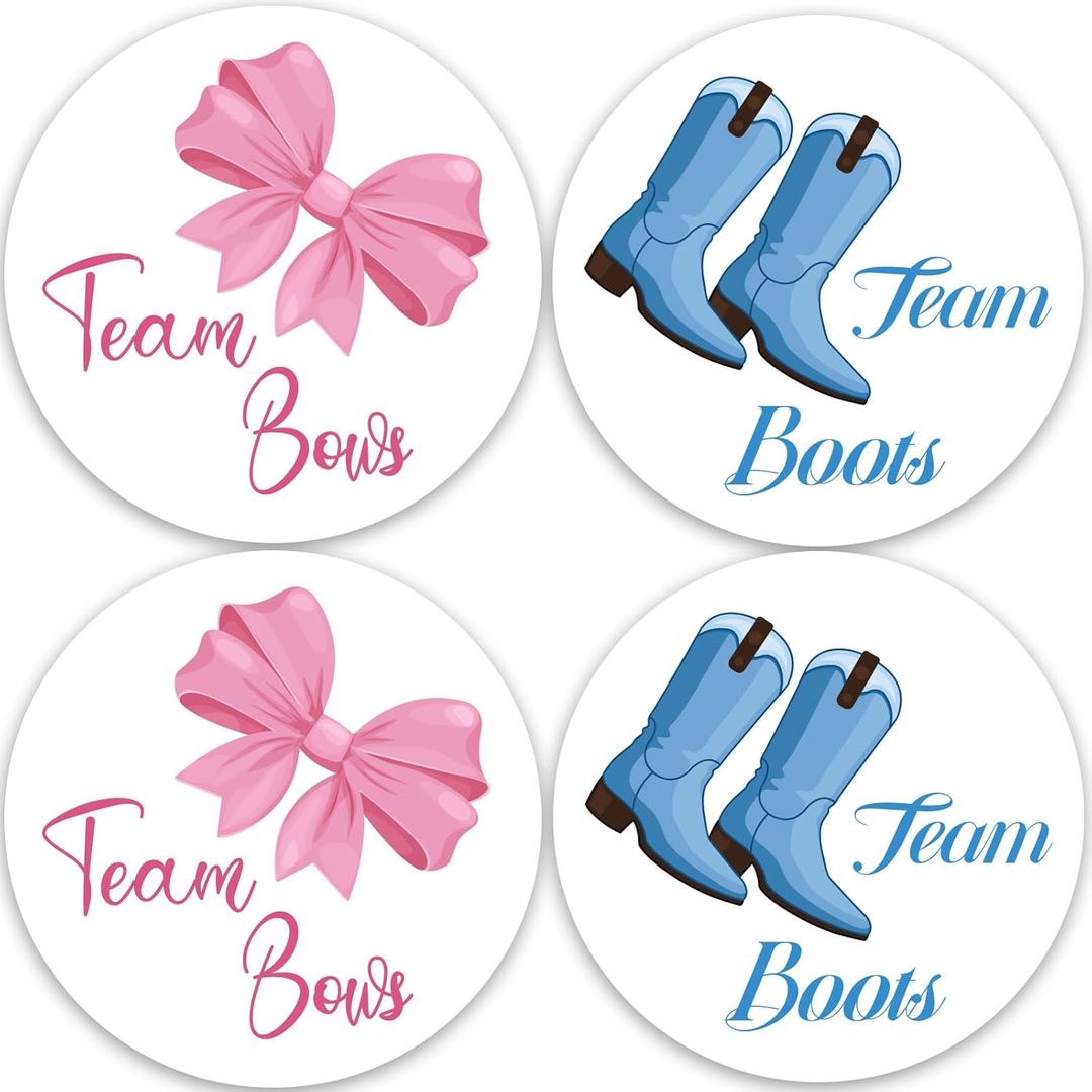 100pcs Gender Reveal Stickers, 2in Round Cute Team Bows Team Boots Gender Reveal Stickers Pink Bows Blue Boots Decals for Boy Girl Baby Party Supplies Decoration