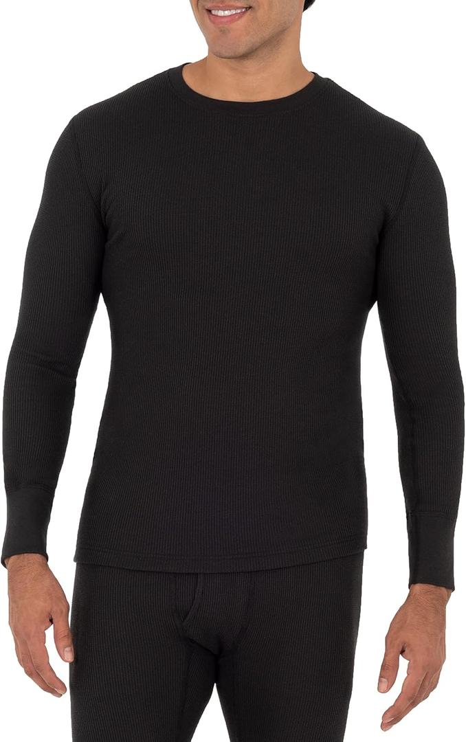 Fruit of The Loom Men's Recycled Waffle Thermal Underwear Crew Top (Black, XL)