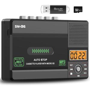 SEMIER Small Cassette Tape Player, USB C or SD Card Audio Cassette to MP3 Digital Converter, Record to Cassette/Computer/SD Card via Mic, Loud Speaker, Headphone Jack, 16GB SD Card for Type I Tapes
