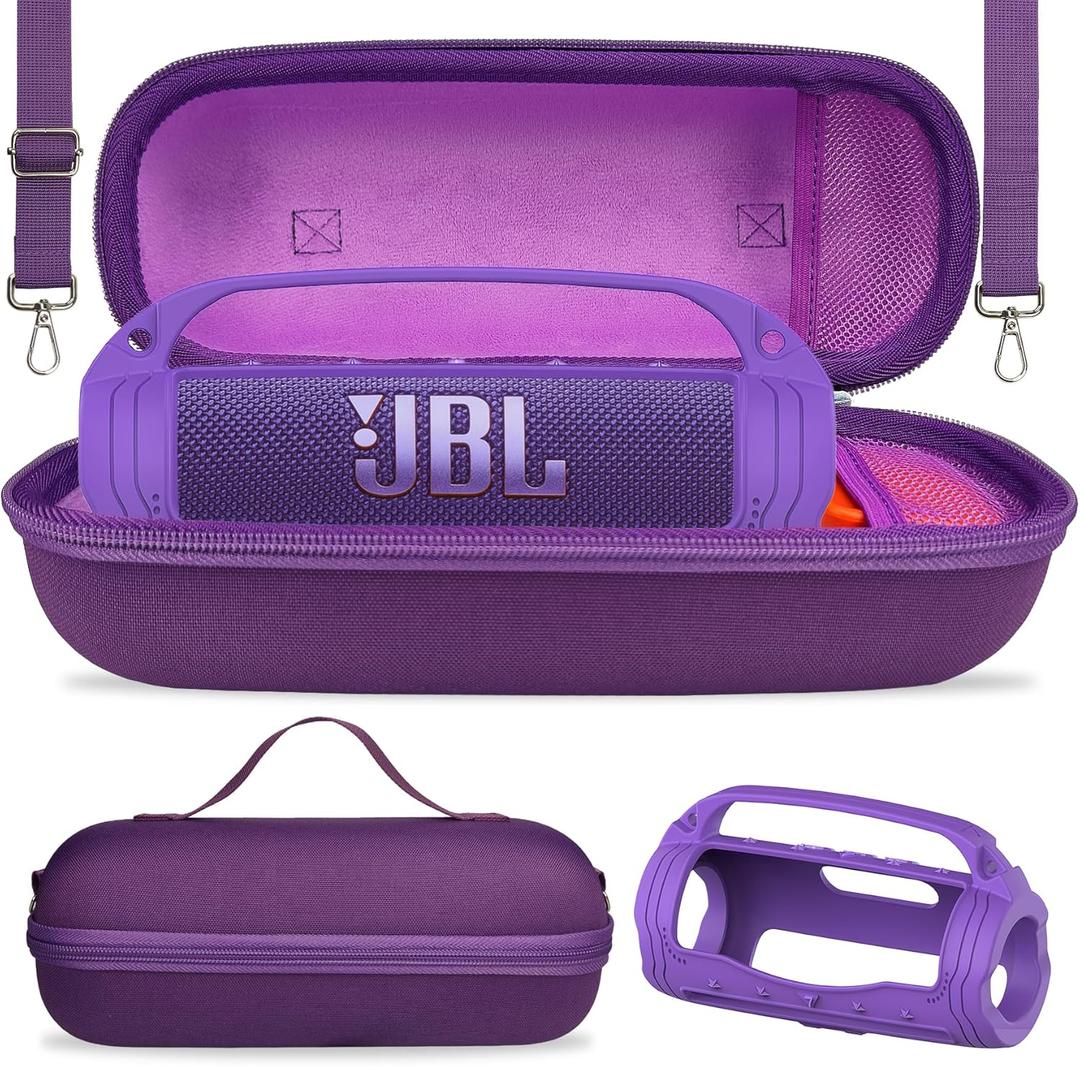 JCHPINE Silicone Cover and Hard Carrying Case for JBL Flip 7 Portable Speaker, Carrier Accessories for JBL Flip 7 Silicone Case with Handle and Shoulder Strap (Purple)