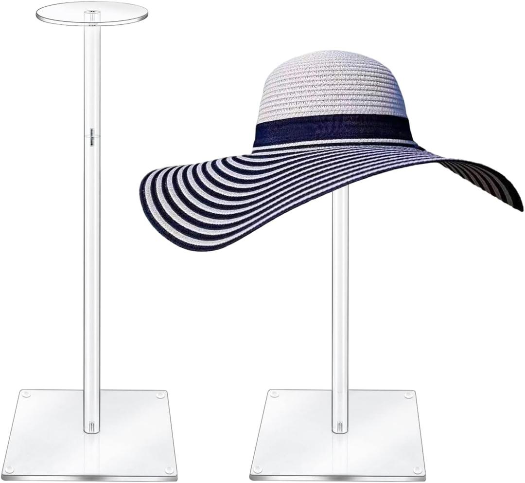 Acrylic Hat Stand and Wig Display Rack, 2pcs 17" Clear Hat Stands for Display, Adjustable Height Hat Holder, Square Barbell Base Display, Hat Rack Stand for Display Jewelry Watch Helmets