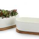 T4U Small White Succulent Planter Pots with Bamboo Tray Set of 2, Oval Cactus Plant Holder Container for Home Office Table Desk Decoration for Mom Aunt Sister Daughter Gardener