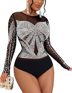 SEBOWEL Women Sparkly Bodysuit Mesh Long Sleeve Body Suits Sexy Rhinestone Tops Bodycon See Through Romper Jumpsuit, Black, Medium