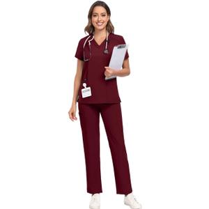 Scrubs for Women Sets, Stretch V-Neck Scrub Top & Cargo Pants with Multi Pockets, Anti-Wrinkle (X-Large, Burgundy)
