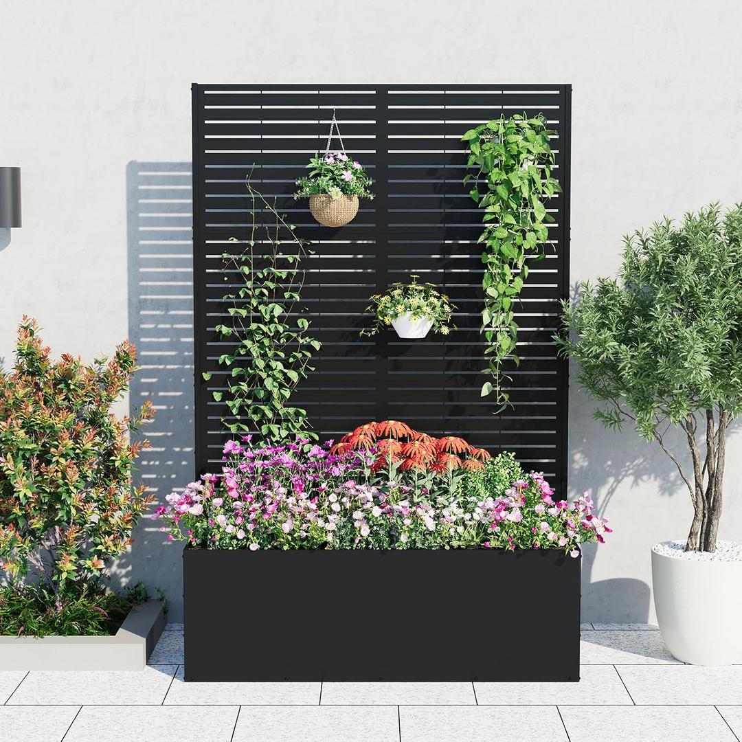 GarveeLife Metal Planter Box with Trellis 71"x47"x16", with Drainage Holes | Privacy Planters for Patio with 15.7" Deep Planting Bed, Raised Garden Bed for Climbing Plants, Vegetables, Vines, no wheel