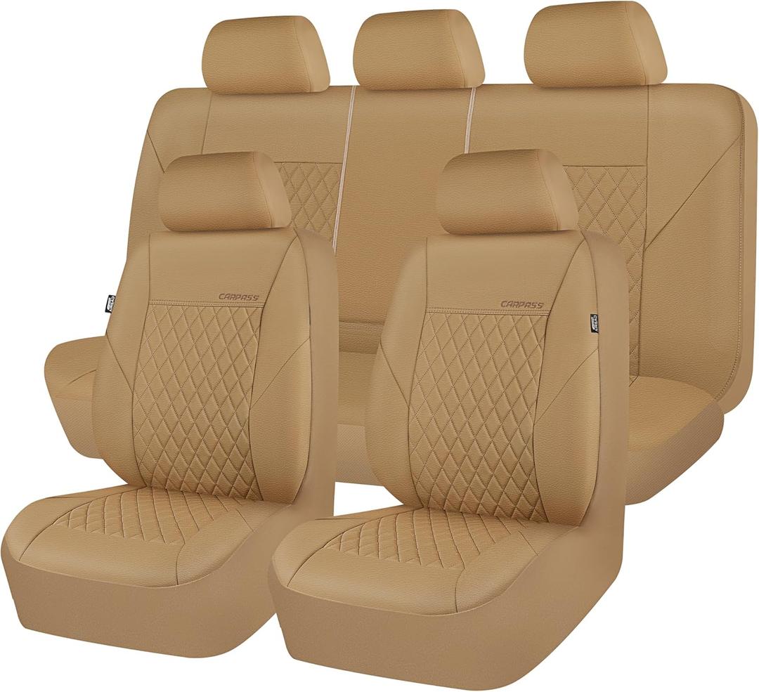 CAR PASS Faux Leather Seat Covers Full Set, Quilting Waterproof Premium Automotive Seat Cover with 5mm Composite Sponge Inside,Airbag Compatible, Universal for Most Cars Sedan SUV Truck, All Beige