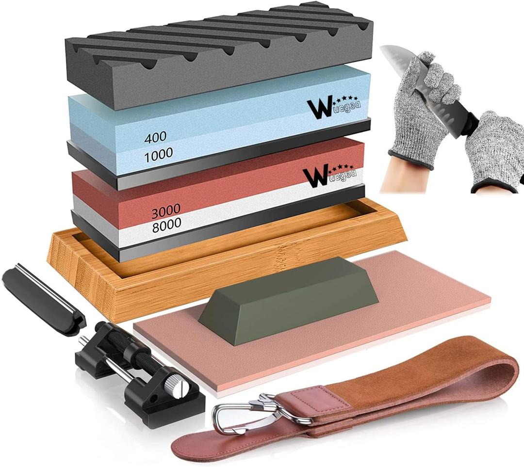 Knife Sharpening Stone Kit  400/1000 3000/8000 Grit Wet Kitchen Whetstone Knife Sharpener Set with Non-slip Bamboo Rubber Base, Angle Guide, Flattening, Leather Strop and Cut Resistant Gloves