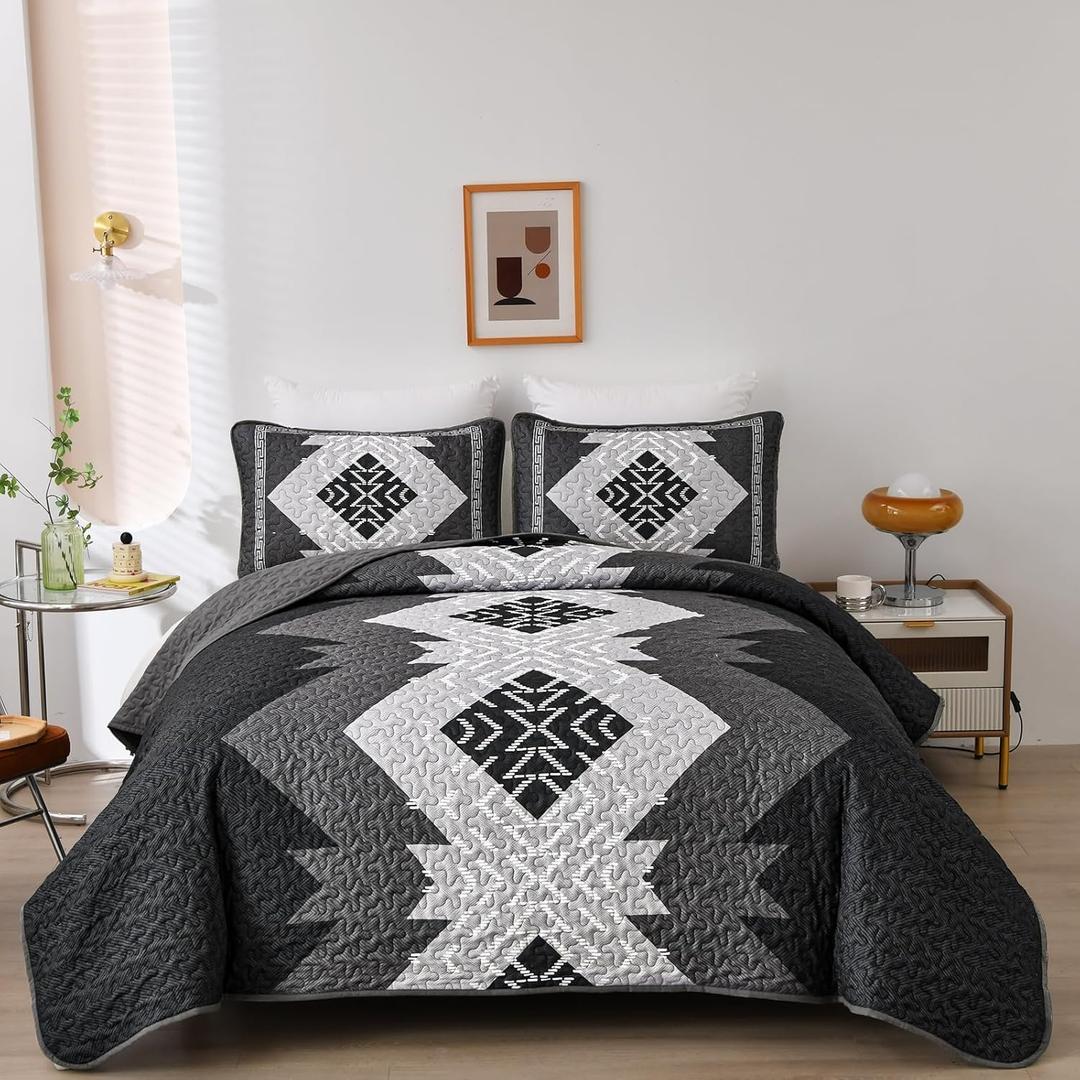 Dintszyayue Boho Quilt Set King Size 3 Pieces Black Grey Aztec Texture Bedspread Coverlet Set Bohemian Quilt Bedding Set Microfiber Lightweight Bed Cover for All Seasons 90"103"