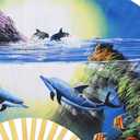 Nautical Decor Folding Wall Fan Hand-Painted Beach Theme Artwork (60 inch wide, Striking Dolphins)