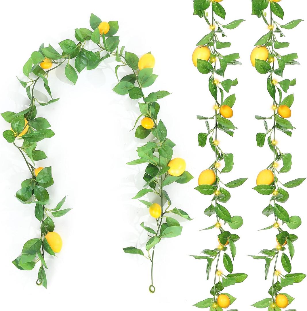 3 Pcs 5.74 ft Artificial Lemon Garland Lemon Vine Garland with Greenery Fake Fruit Party Decoration with Battery Powered Light for Home Door Wall Mantel Wedding Kitchen Table (Classic Style)