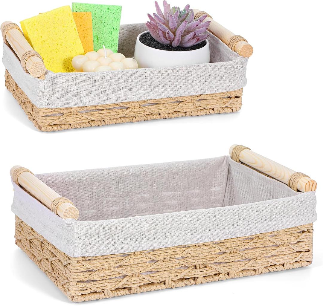 2Pcs Toilet Storage Basket for Organizing, Large Wicker Bathroom Baskets with Wooden Handles & Liner, Square Organizer Basket for Bathroom Shelves Cupboards Drawer