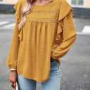 PRETTYGARDEN Women's Long Sleeve Shirts Ruffle Swiss Dot Crochet Loose Fit Tunic Dressy Casual Tops Blouses Spring Fashion (Orange, XS)