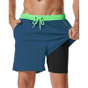 SILKWORLD Mens Swim Trunks with Compression Liner 2 in 1 Quick Dry Bathing Suit Beach Shorts with Zipper Pockets (Large, Peacock Blue)
