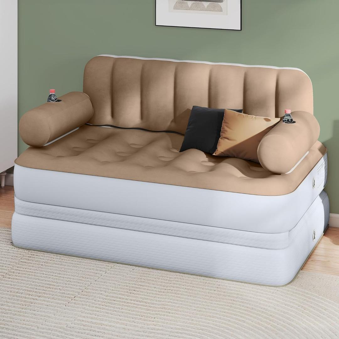 YITAHOME Queen Size Inflatable Sofa Bed with Headboard and Pump, Convertible Blow Up Couch, 2-in-1 Brown Air Sofa Bed for Home, Camping, and Guests, Brown