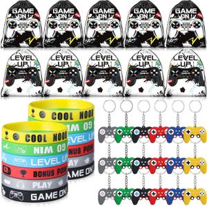Nosiny 72 Pcs Video Game Party Favors Video Gamer Party Drawstring Bags Gaming Goodie Bag Silicone Bracelet Wristbands Keychain Classroom Rewards for Kids Birthday Bag Stuffers(Black, White,Cute)