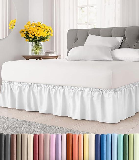 Wrap Around Dust Ruffle Bed Skirt - White - for Full Size Beds with 12 Inch Drop - Easy Fit Elastic Strap - Adjustable Pleated Bedskirt w/Brushed Fabric - Wrinkle Free - for Women, Men, Kids & Teens