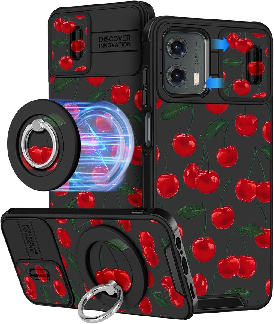Buleens for Moto G 5G 2024 Case 6.6 Inch - with Ring Stand & Camera Cover Aesthetic Cute Designed for Women Girls Girly Pretty Kawaii Cherry Phone Case for Motorola G 5G 2024 Compatible with Magsafe
