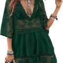 Eomenie Women's Contrast Lace Bathing Suit Cover Up V-Neck Swimsuit Coverups Loose Swimwear Beach Dress Beachwear (Dark Green), XL