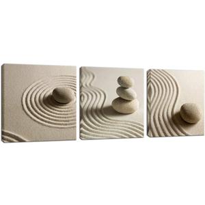 Artsbay 3 Piece Canvas Wall Art Zen Stone and Sand Giclee Print Artwork Calm Peaceful Still Life Picture Painting Modern Spa Room Wall Poster Decor Framed for Home Office Bedroom Bathroom Decoration