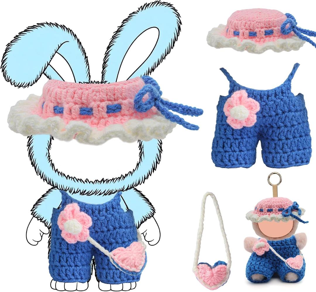 17cm Doll Clothes(NO Doll), Cute Dolls Outfit Accessories with Accessories, Hand Crocheted Hat, Sweaters, Bag, Small Kawaii Clothes Set for DollsBlue