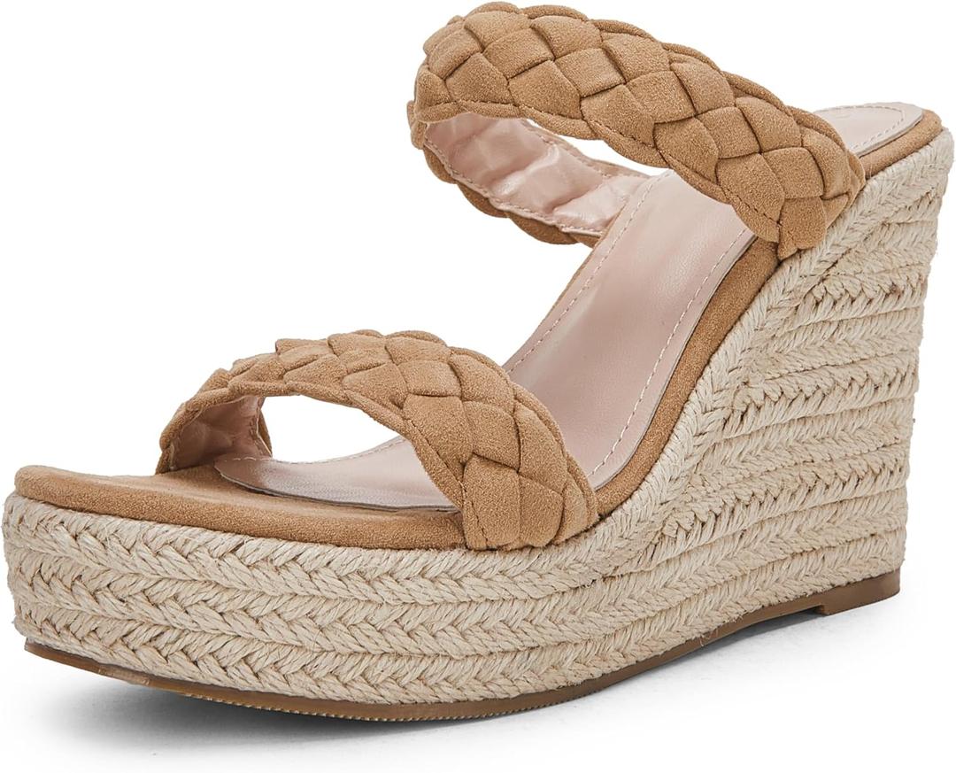 Coutgo Womens Wedge Platform Sandals Espadrilles Two Strap Woven Slip On Summer Cute Slide Sandals (8.5, Khaki)