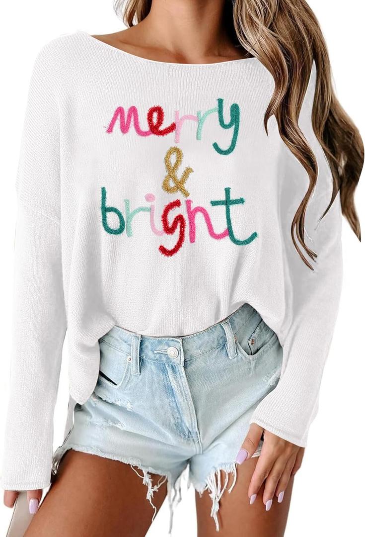 Christmas Sweater for Women Merry and Bright Sweatshirt Funny Holiday Knitted Pullover Long Sleeve Xmas 2025 Trendy (Large, White)