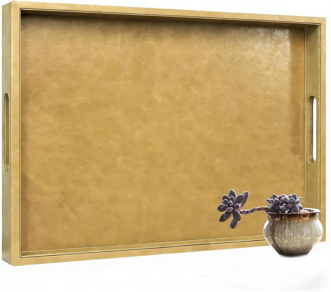 25x18 inches Leather Ottoman Serving Tray with Hole Handles, Rectangle Large Modern Service Tray for Living Room, Coffee Table, Bed, Tea, Food, Butler Countertop, Kitchen, Dinner, Picnic (Brown)
