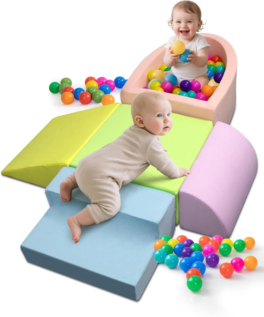 Baby Climbing Blocks, Soft Play Set for Crawling Baby 6-12 Months, Anti-Slip Particles Bottom & Velcro Connectors, High-Density Foam Gym with Soft Fabric Cover (Balls not Included) (Color)