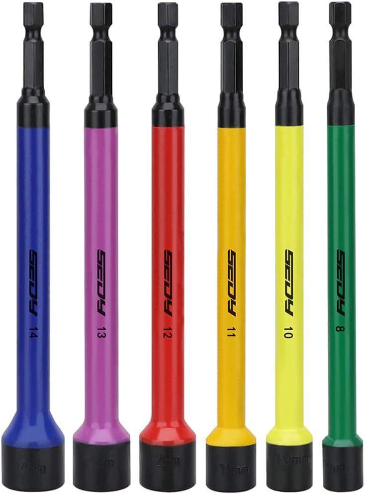 Magnetic Impact Nut Driver Set: 6-Piece Metric Color Coded Nut Setter Set 6 Inch Length CR-V Nut Driver Tool Set 1/4 Inch Hex Shank Extra Long Nut Driver Bit Set