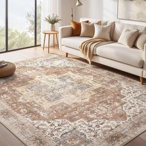Washable Rug 7x9 Area Rugs: Boho Vintage Distressed Oriental Medallion Neutral Thin Large Rug Carpet for Living Room Bedroom Dining Room Home Office Decor - Brick Red