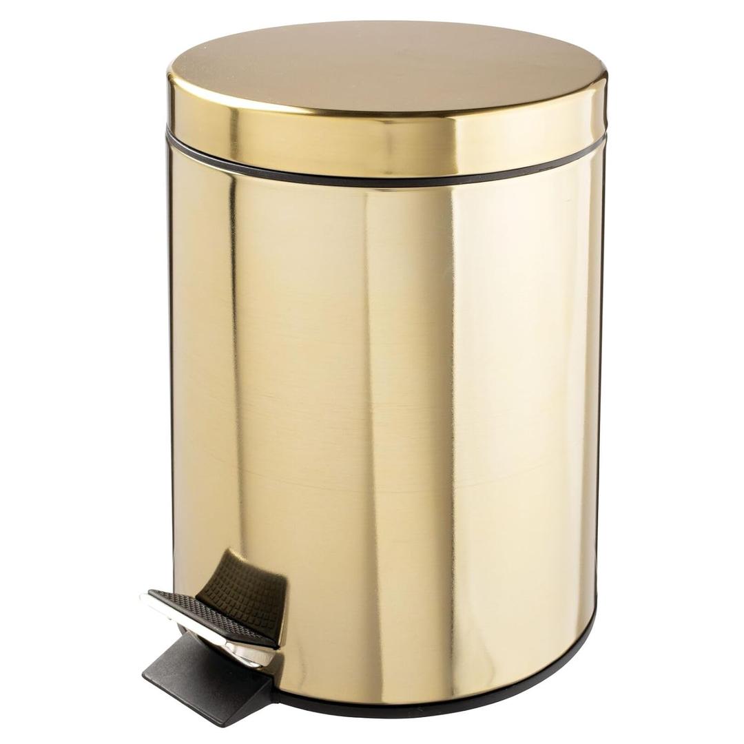 mDesign Small Modern 1.3 Gallon Round Metal Lidded Step Trash Can, Compact Garbage Bin with Removable Liner Bucket and Handle for Bathroom, Kitchen, Craft Room, Office, Garage - Soft Brass, 5 liter (5 liter, Soft Brass)